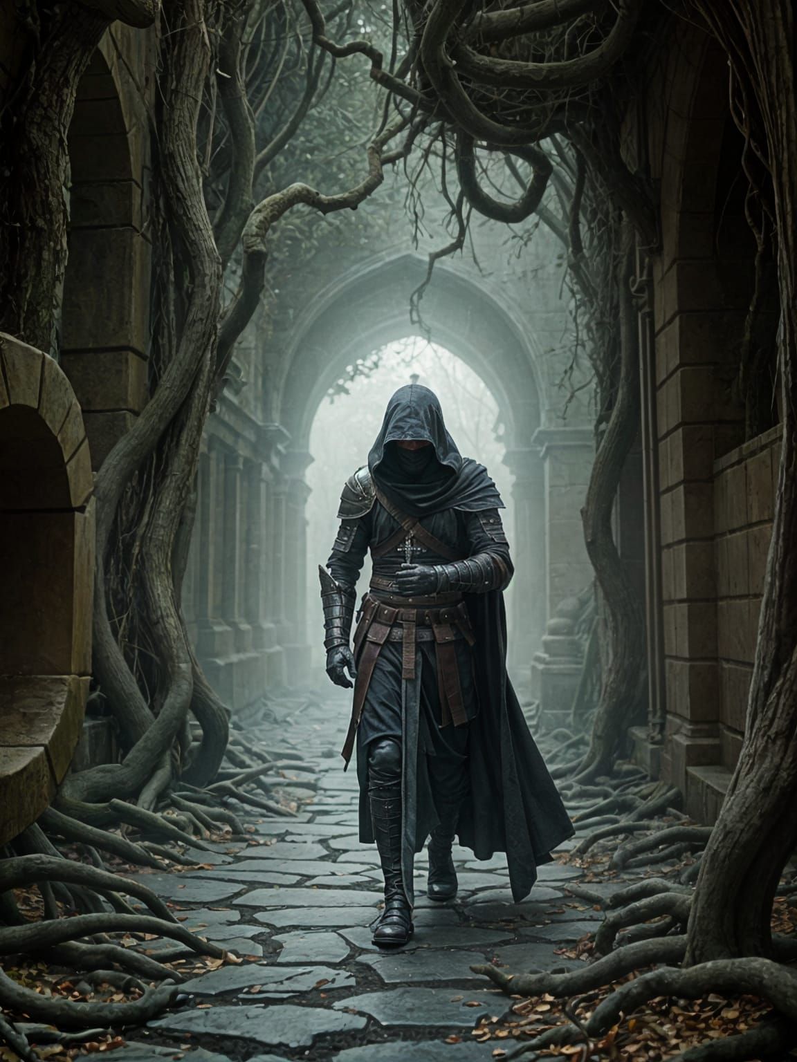 Figure in Dark Armor Walking Ancient Stone Corridor