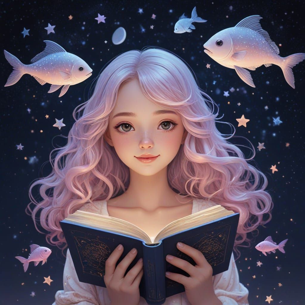 Dreamy Pastelcore Bookworm in the Night Sky