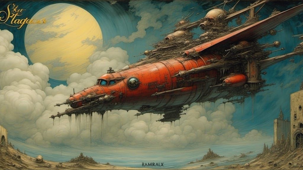 Metallic Red Military Spaceship Orbits Celestial Body in a C...