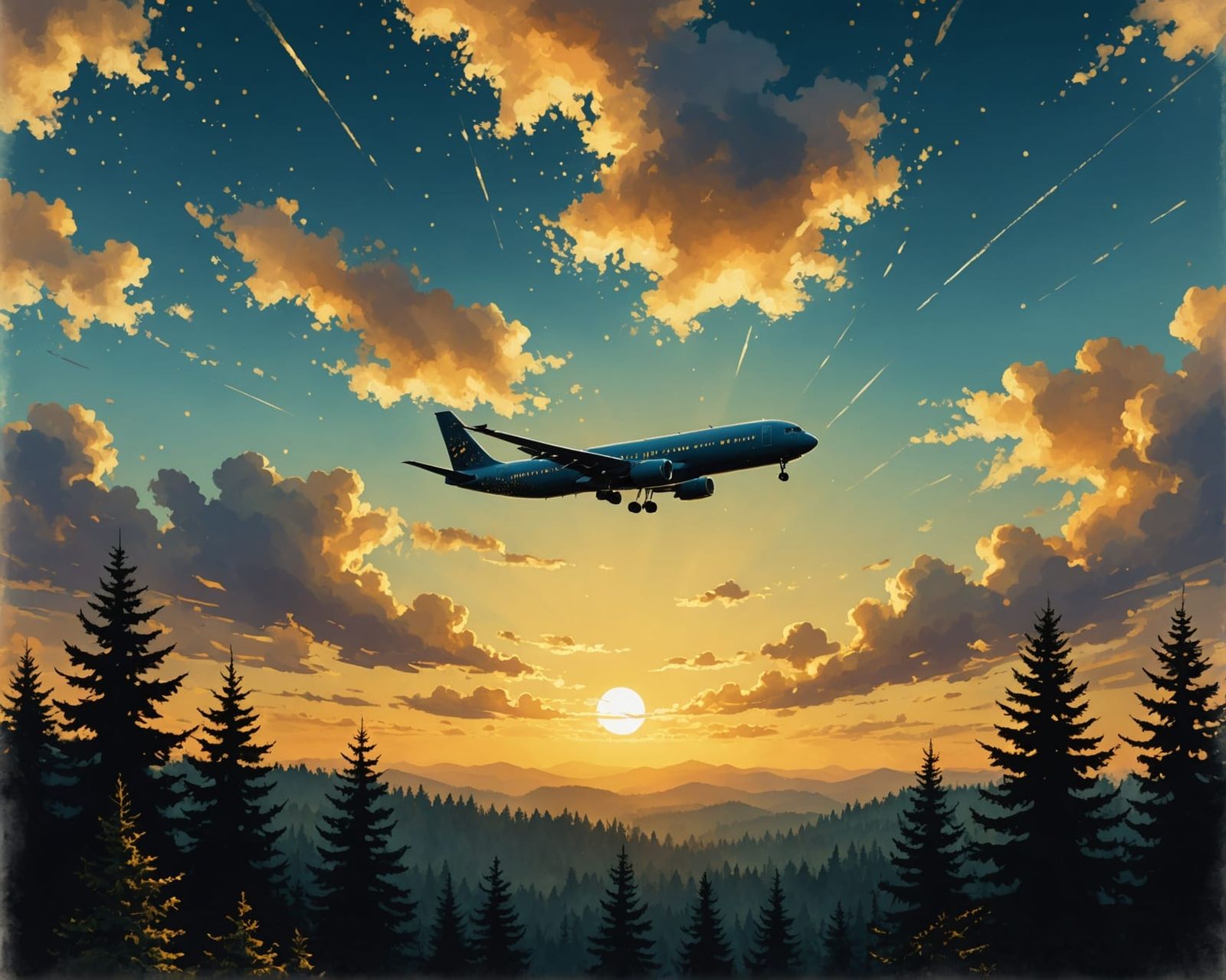 Sunset Flight Over Forest in Alcohol Ink Style