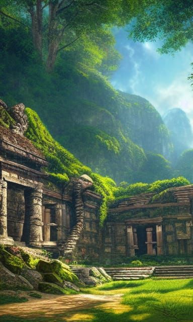 Mayan Ruins in Green Forest: Anime Key Visual