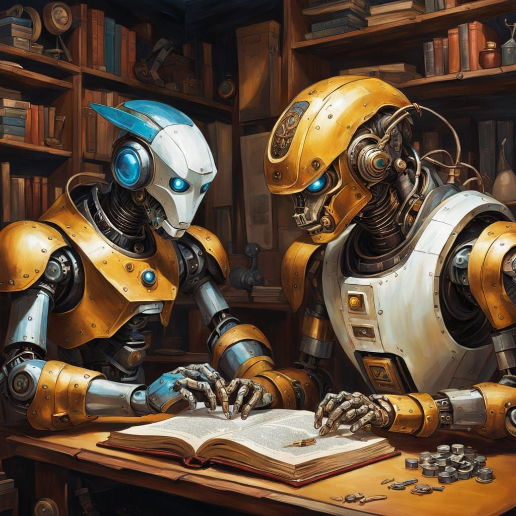 Intricate Robot Assembly Scenes in a Vintage-Inspired Book
