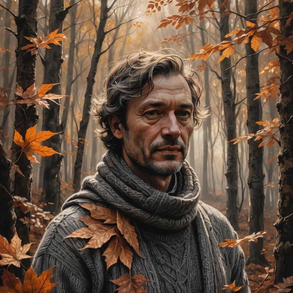 Detailed Charcoal Portrait in Autumn Forest
