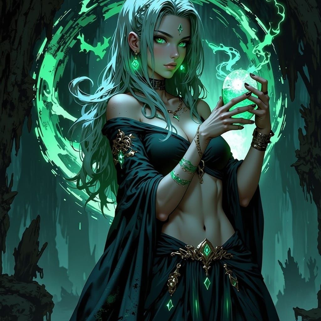 Mysterious Cave Witch in Anime Pixel Art Style