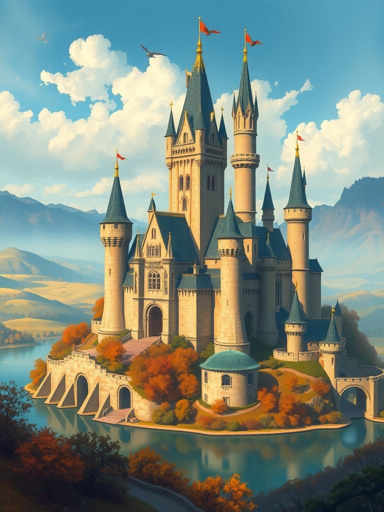 Medieval Castle Amidst Serene Landscape in Whimsical Waterco...