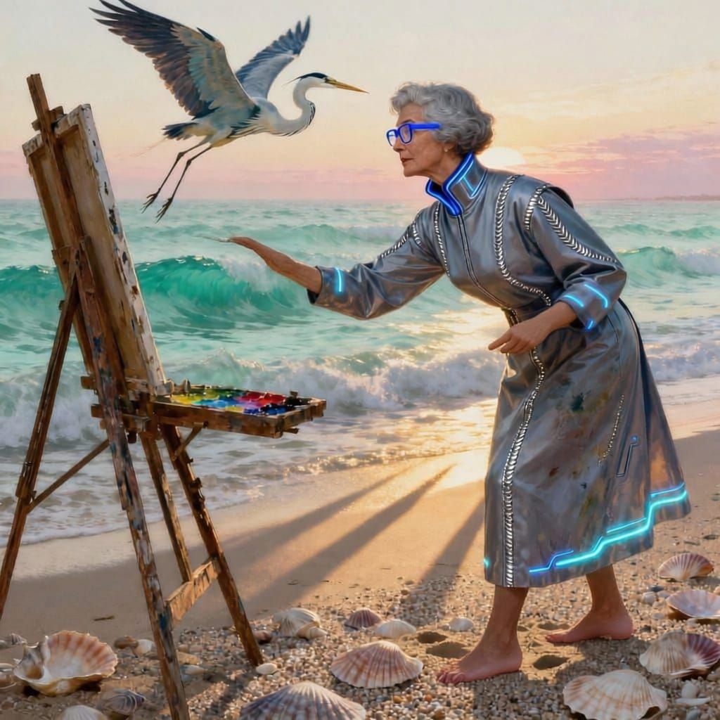 Futuristic Artist Paints Heron at Pastel Sunset Beach