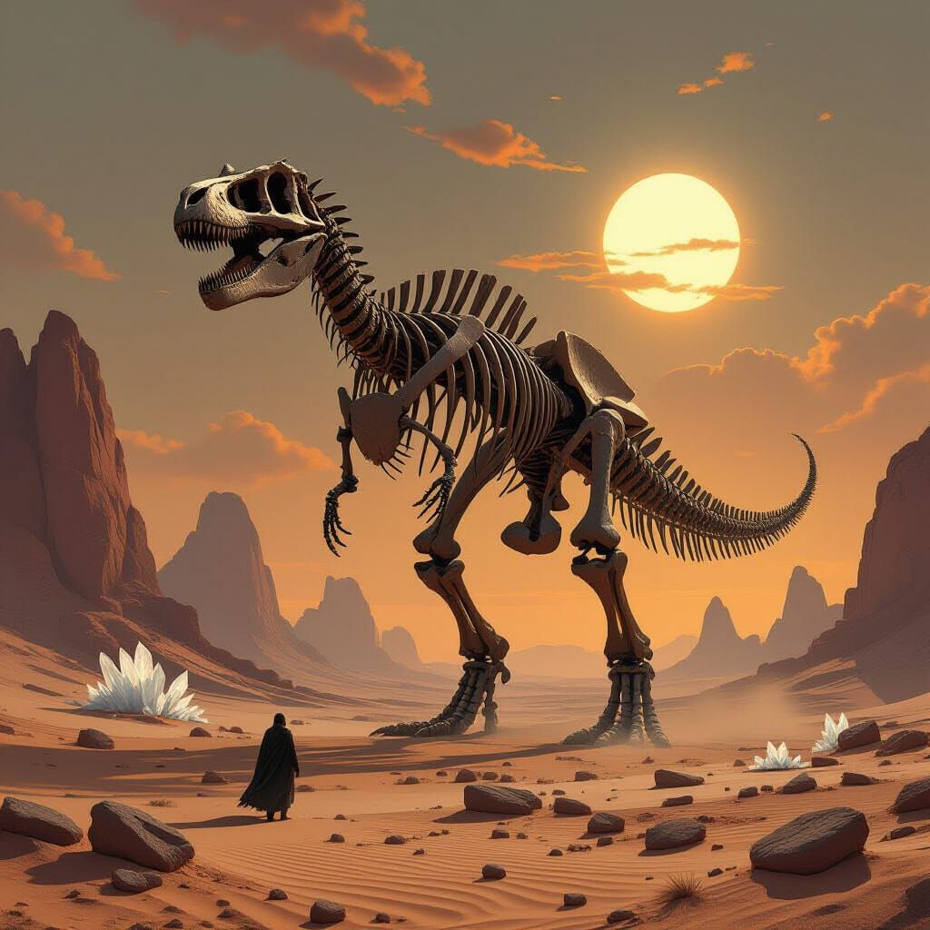 Reanimated Dinosaur Skeleton Guards Alien Desert Under Binar...