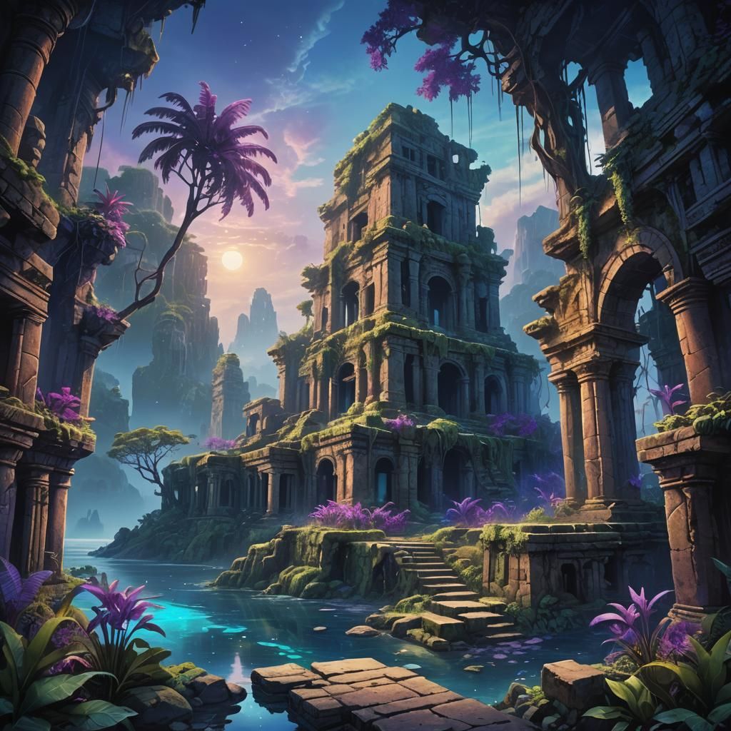 Mystical Island Ruins in Lush Landscape