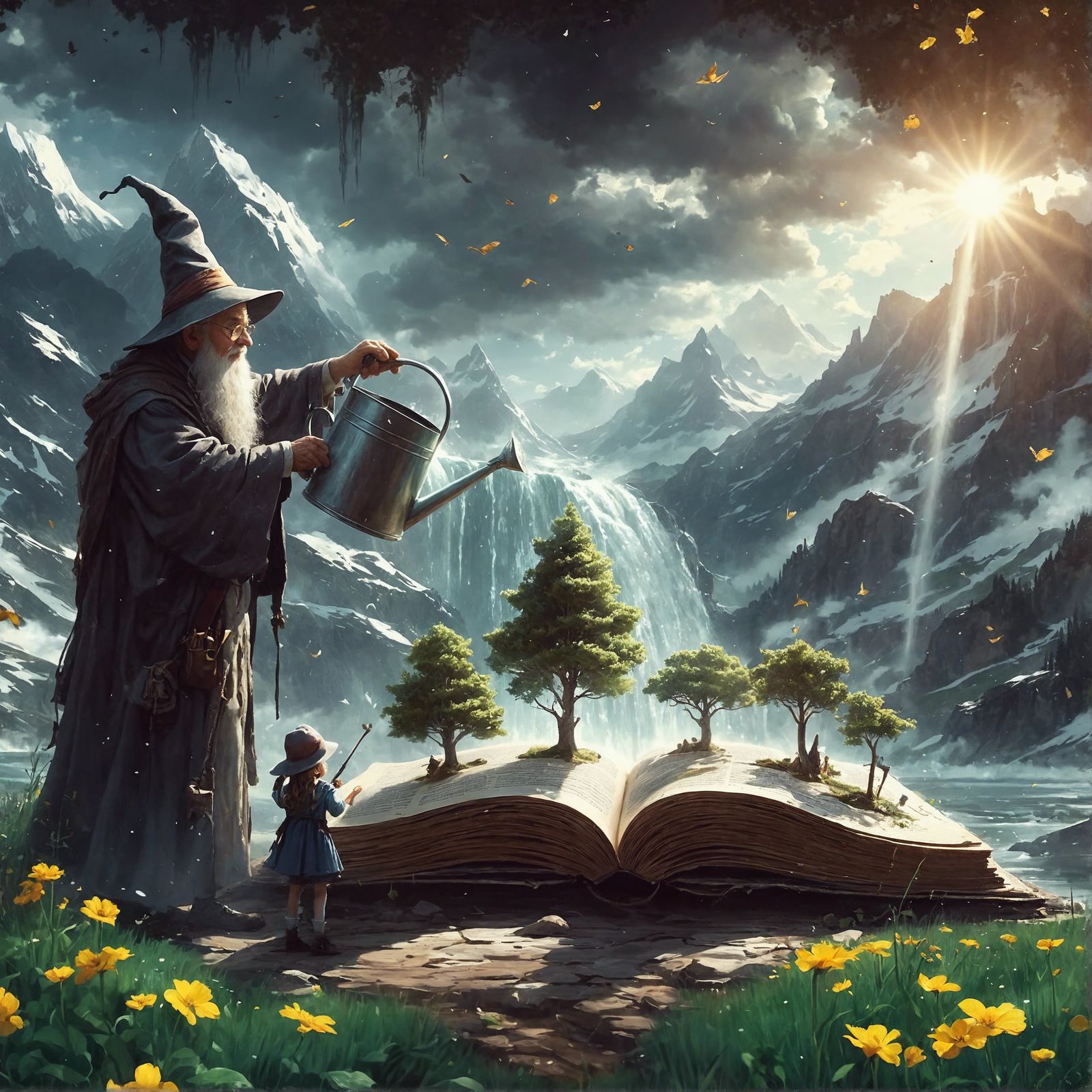 Grandpa Wizard's Magic Book Garden: Hyperrealistic Illustrat...