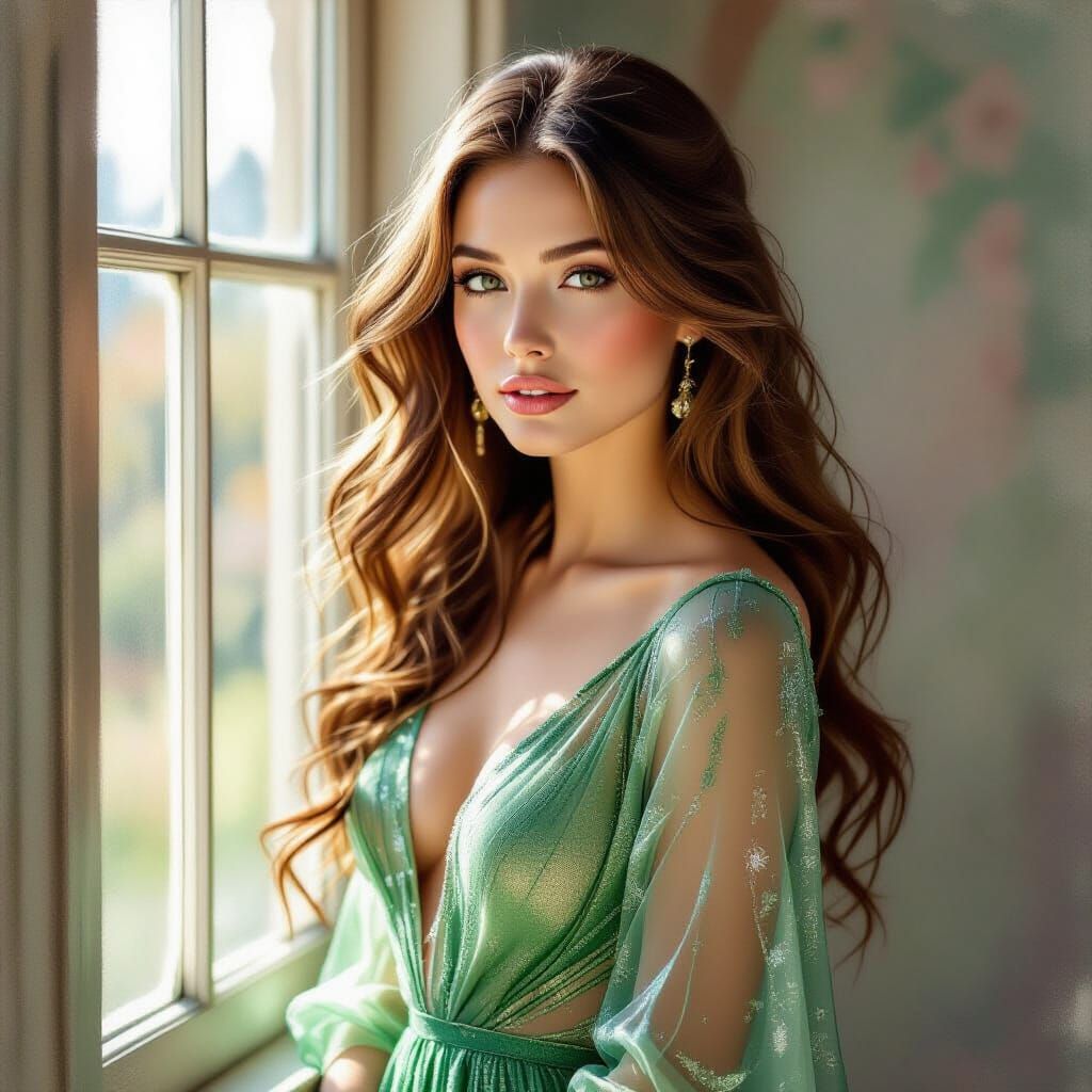 Soft Pastel Portrait of Woman in Glimmering Green Dress