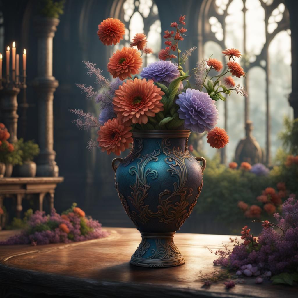Fantastical Floral Vase in Detailed Matte Painting