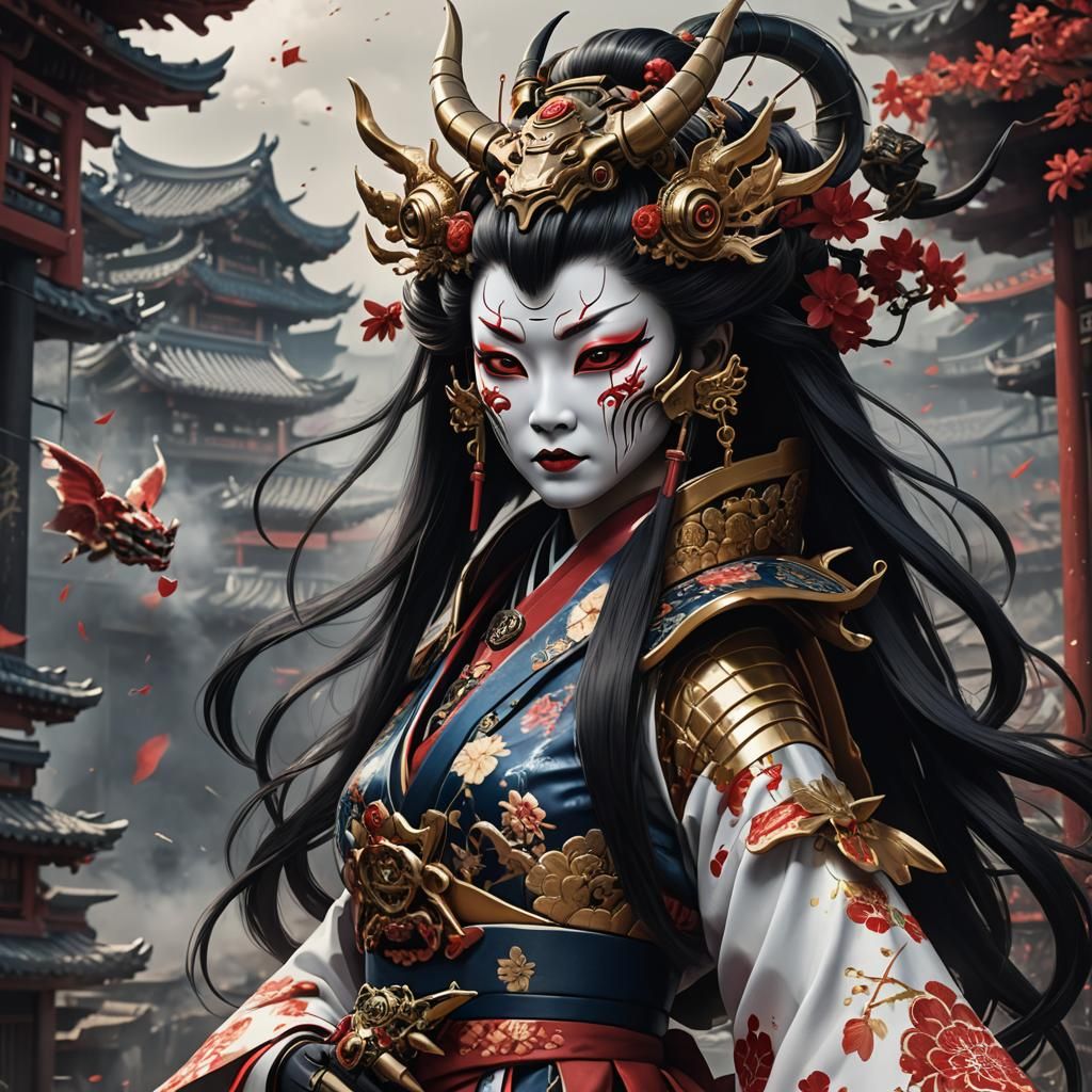 Robotic Geisha with Oni Mask and Dragon, Digital Art