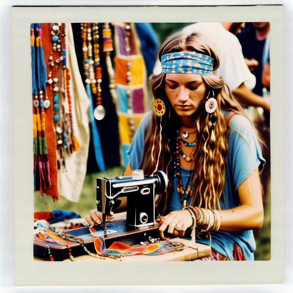 Hippie Lady Sewing: Aged Festival Photograph