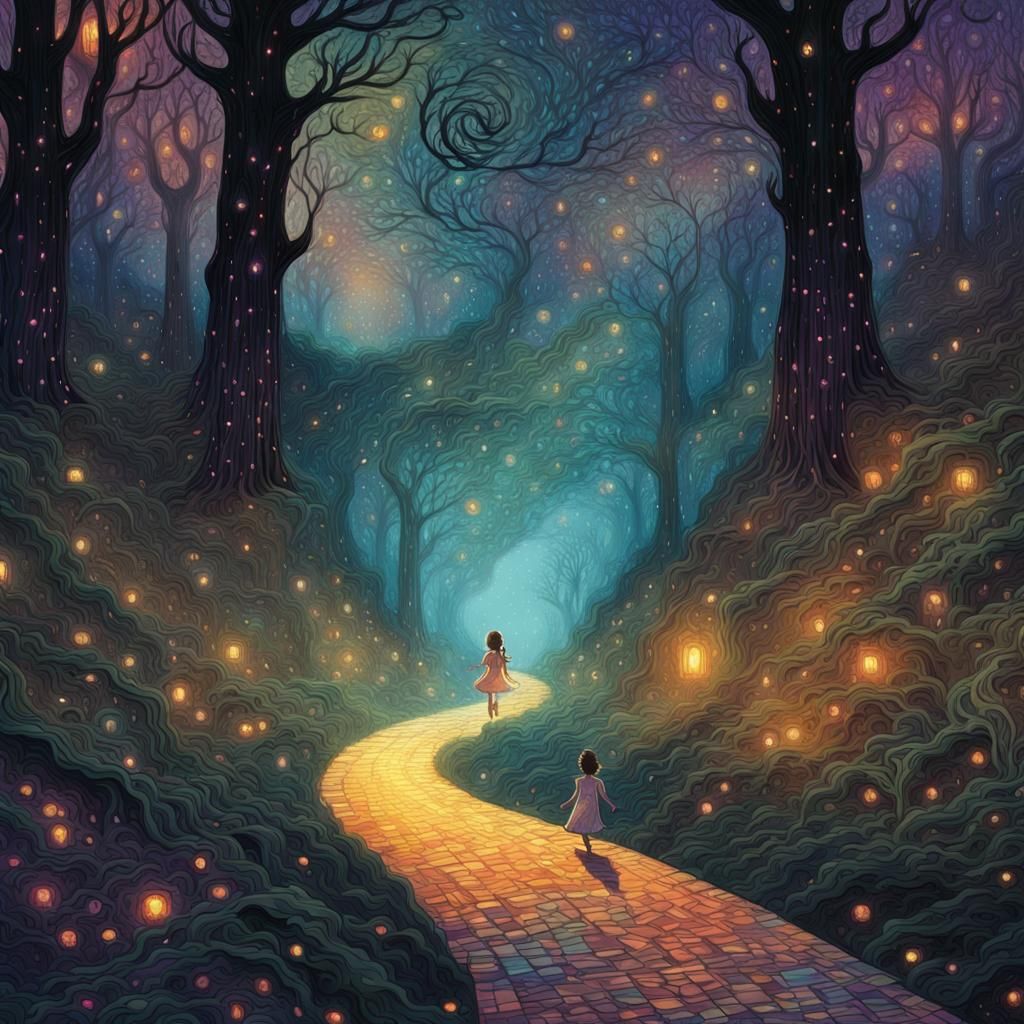 Fairy Toddler Skips Through Iridescent Dark Woods