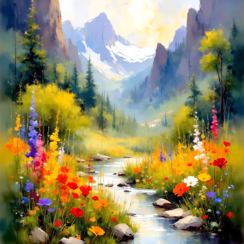 Lush Spring Landscape in Impressionist Watercolour