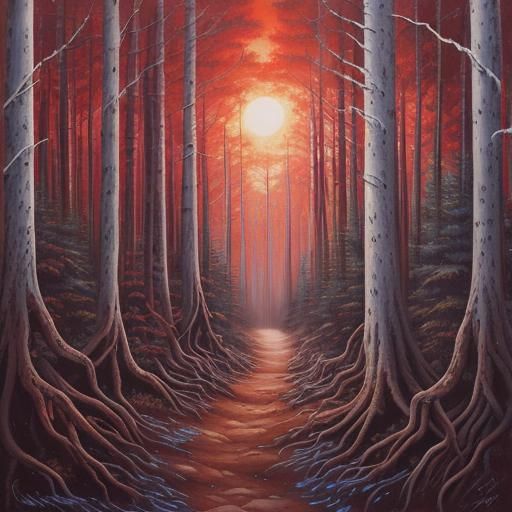 Person in Whimsical Arctic Metal Forest Painting