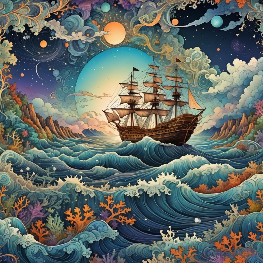 Cosmic Ship on the Sea: Abstract Fractal Illustration