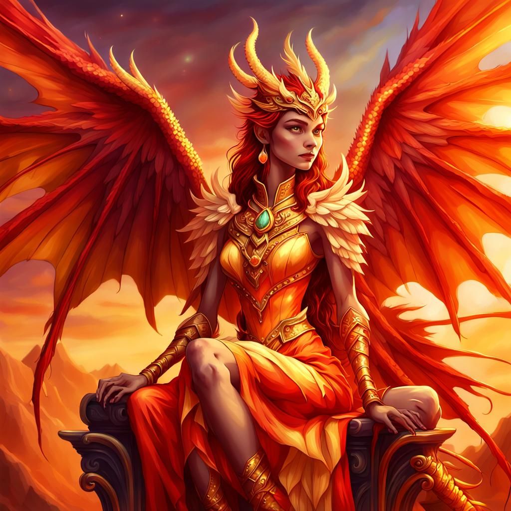Fiery Harpy Dragon Lady on Throne: Fantasy Art