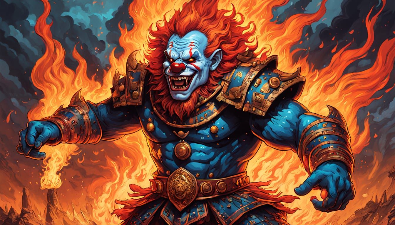 Armored Clown Troll Rides Three-Headed Lion in Comic Art