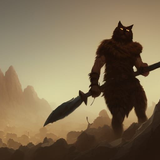 Cat Barbarian in Desert: Dark Fantasy Concept Art