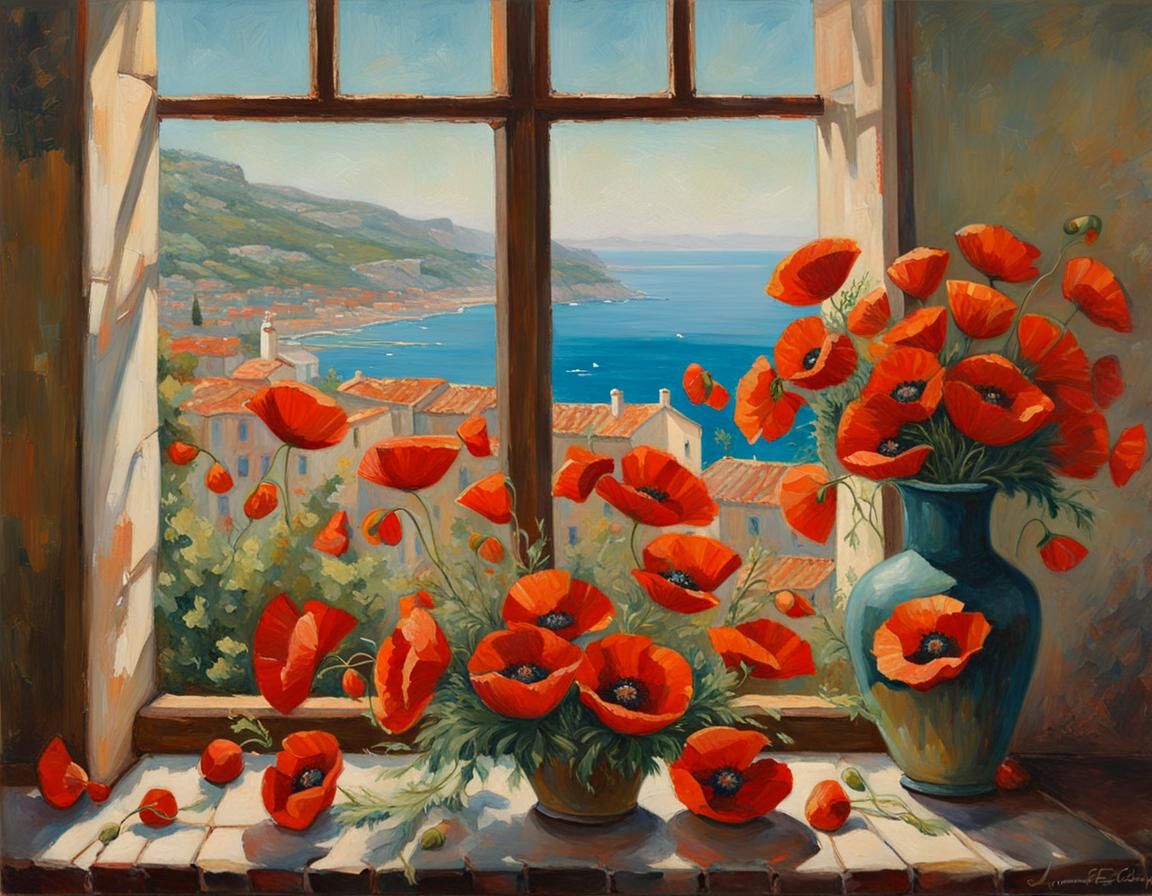 Poppy-Filled Living Room Overlooking Southern France