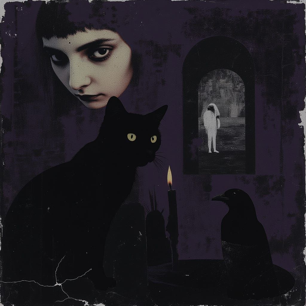 Halloween Night Scene with Black Cat and Spooky Apparition