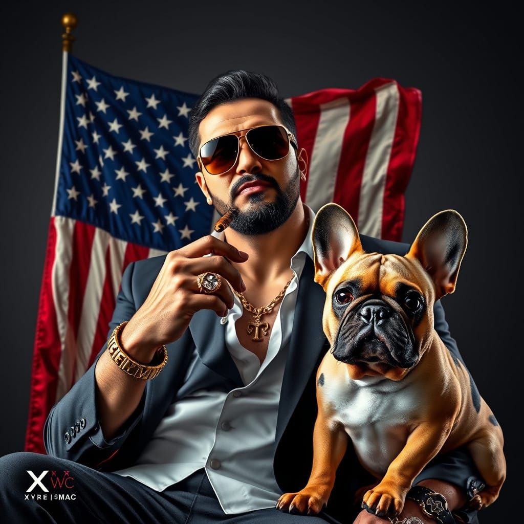 Confident Mafia Figure in Front of American Flag, Exuding Op...