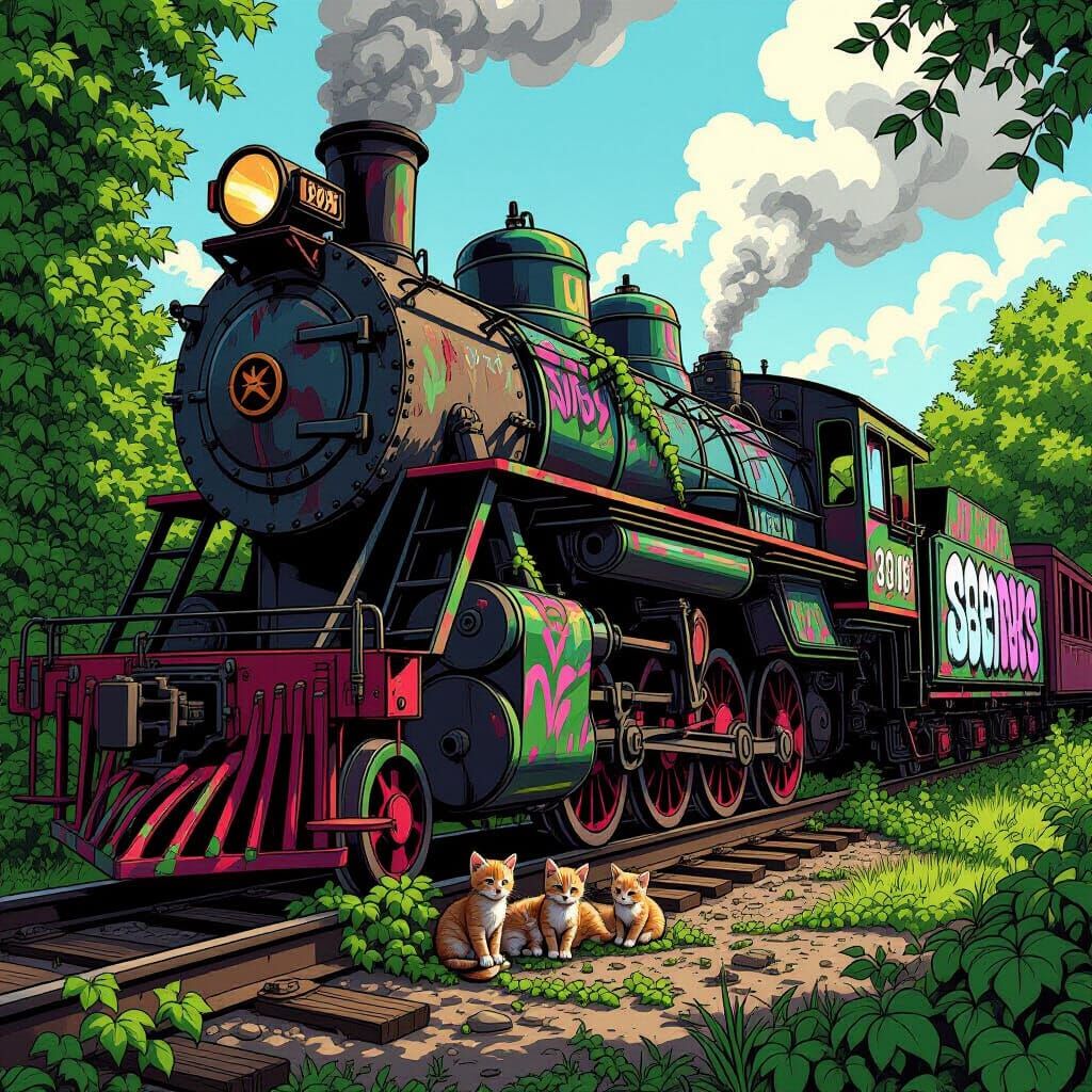 Abandoned Steam Engine with Graffiti and Kittens