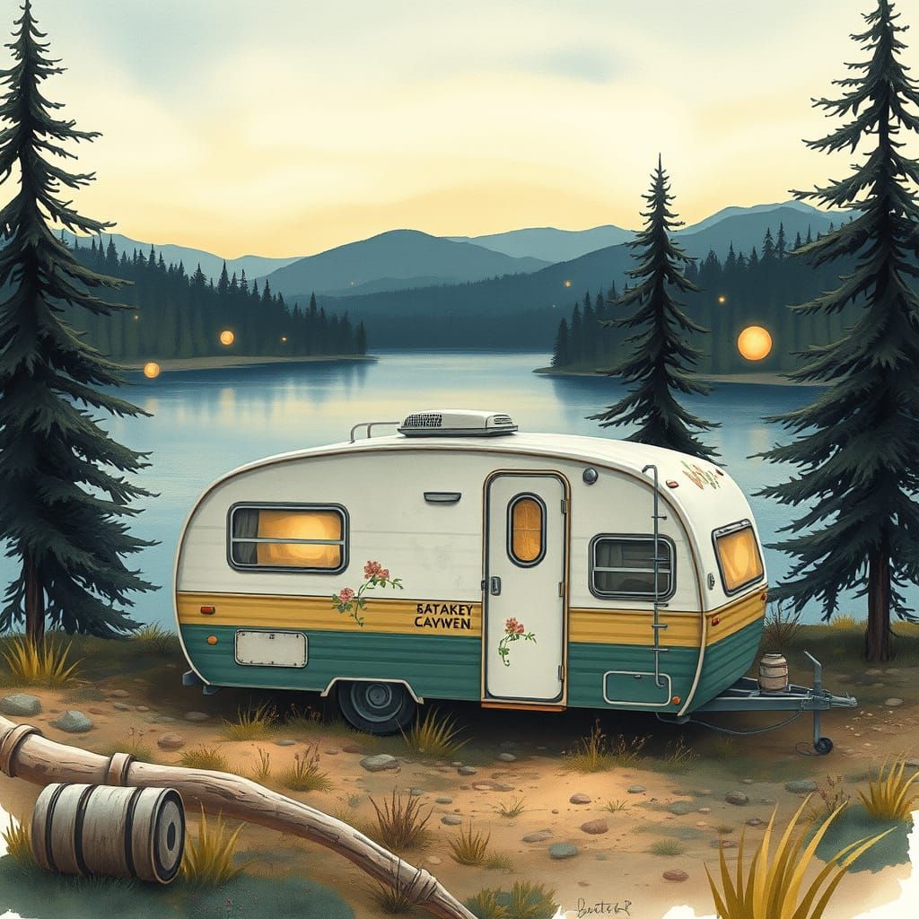 Vintage Caravan by Lake at Dusk in Watercolor Style