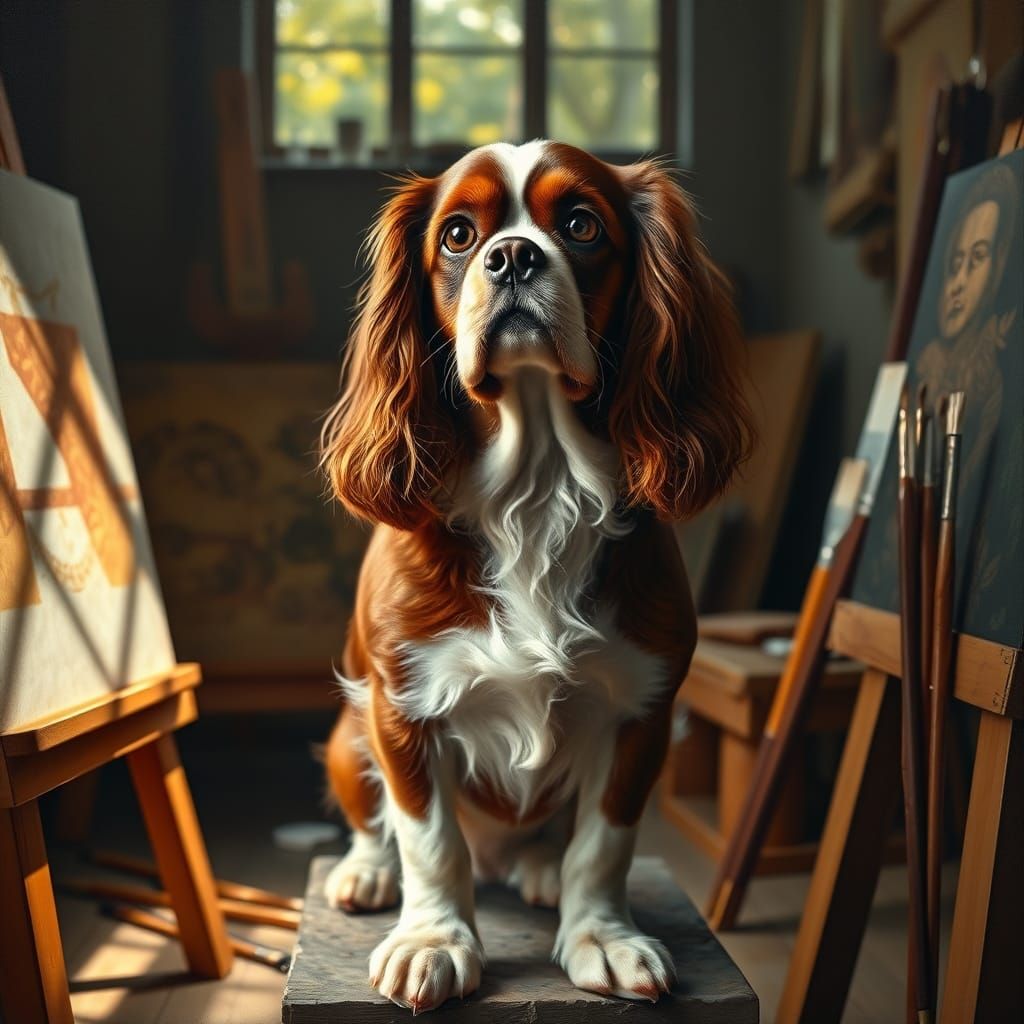 Cavalier King Charles Spaniel Painter in Renaissance Studio