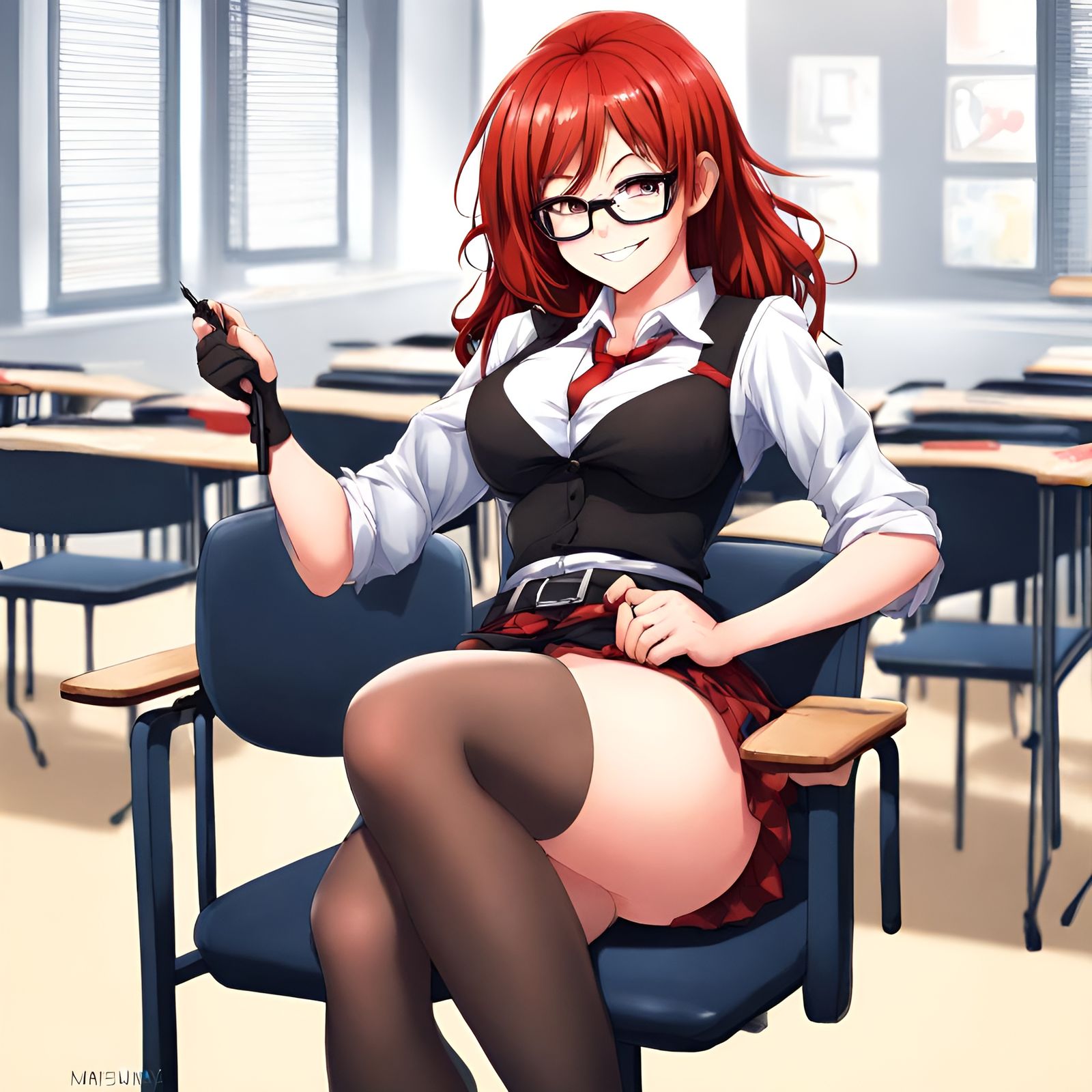 Anime-Style Teacher in Classroom with Red Hair