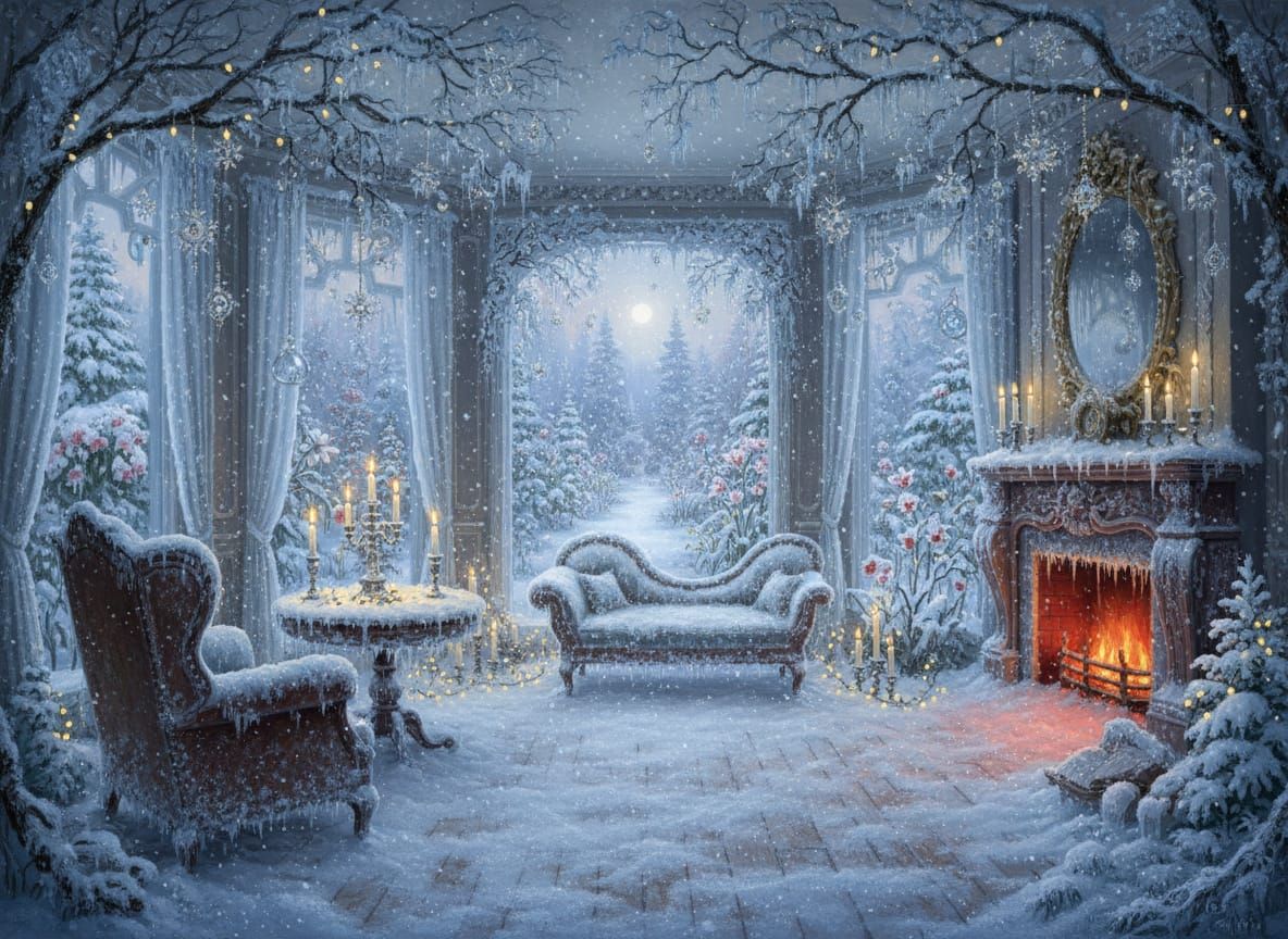 Surreal Victorian Living Room Merging with Winter Garden