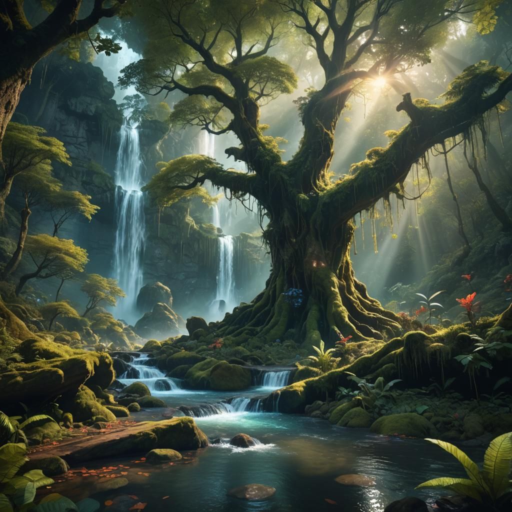 Lush Forest with Magical Creatures in Digital Painting