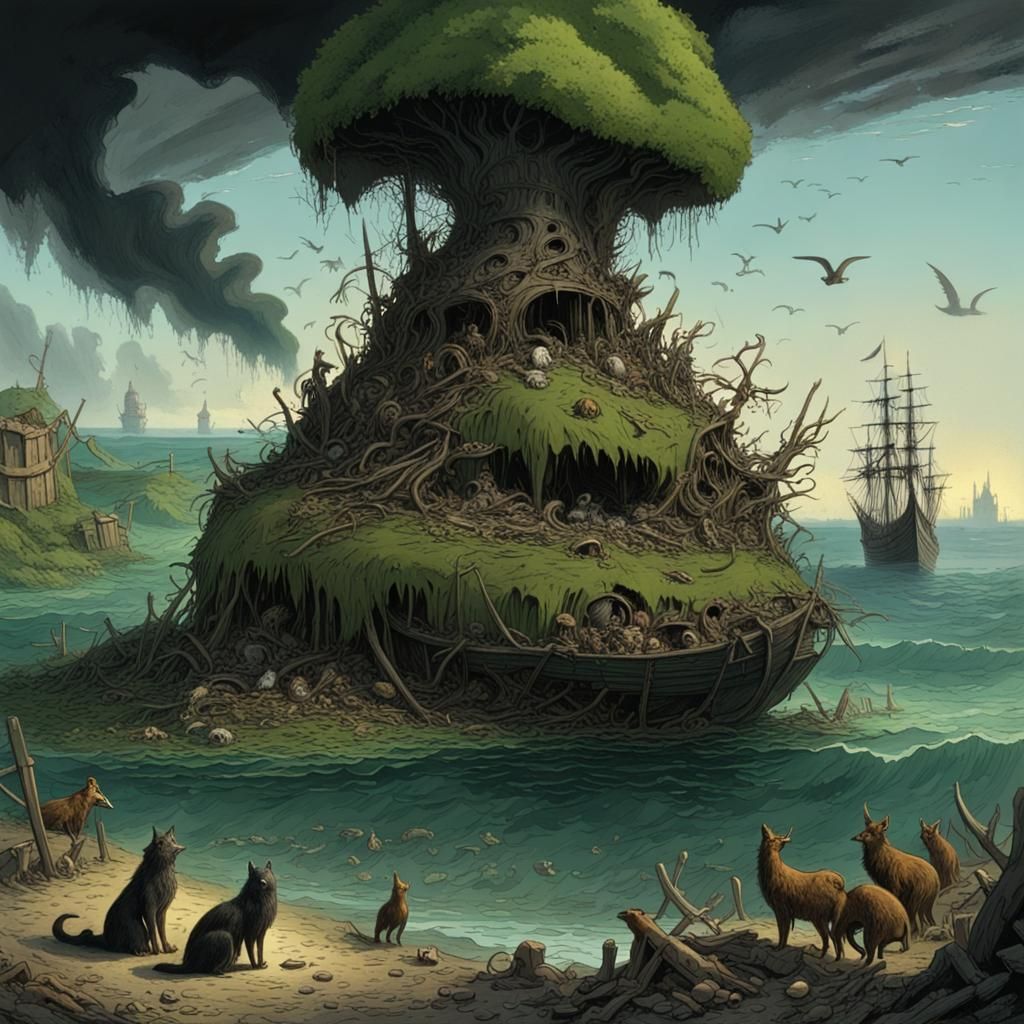 Island Paradise Contrasted with Polluted Wasteland