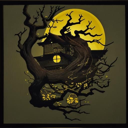 Eerie Carcass in Tree: Ukiyo-e Horror Scene