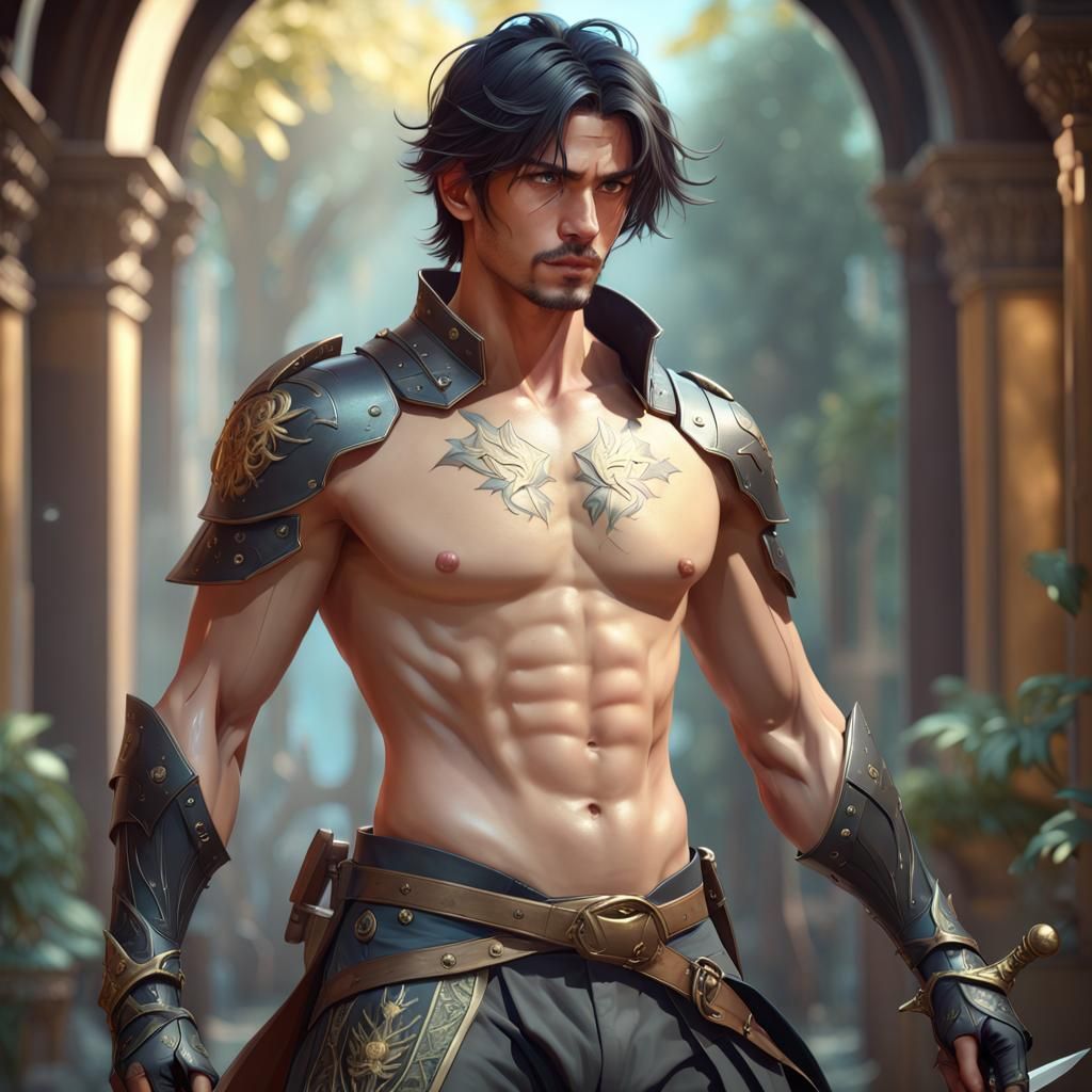 Fantasy Swordsman Portrait in Hyperdetailed Art Nouveau Styl...