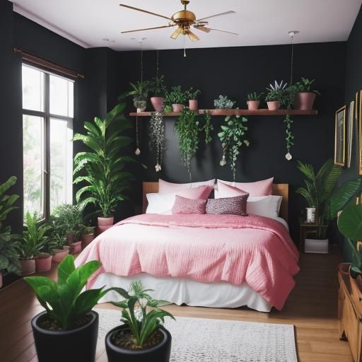 Black and Pink Bedroom with Plants in Natural Light