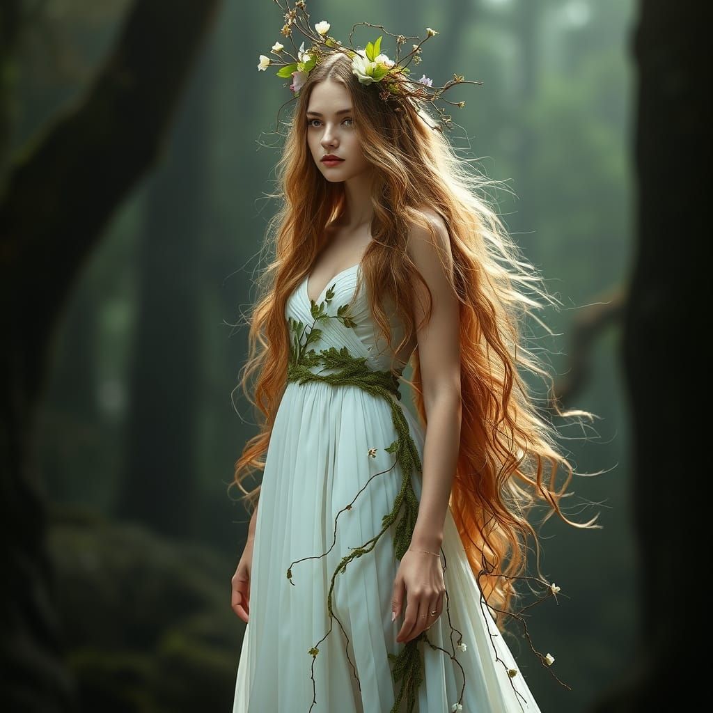 Ethereal Maiden Crowned with Flowers and Leaves