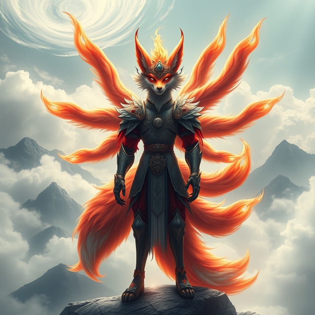 Majestic 9-Tailed Fox Warrior in Ethereal Armor
