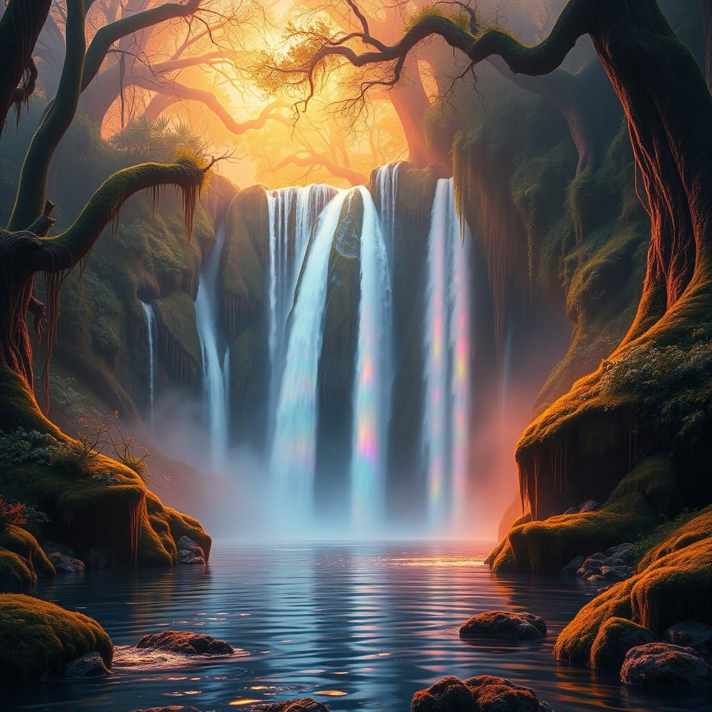 Ethereal Waterfall in Ancient Fantasy Forest at Sunset