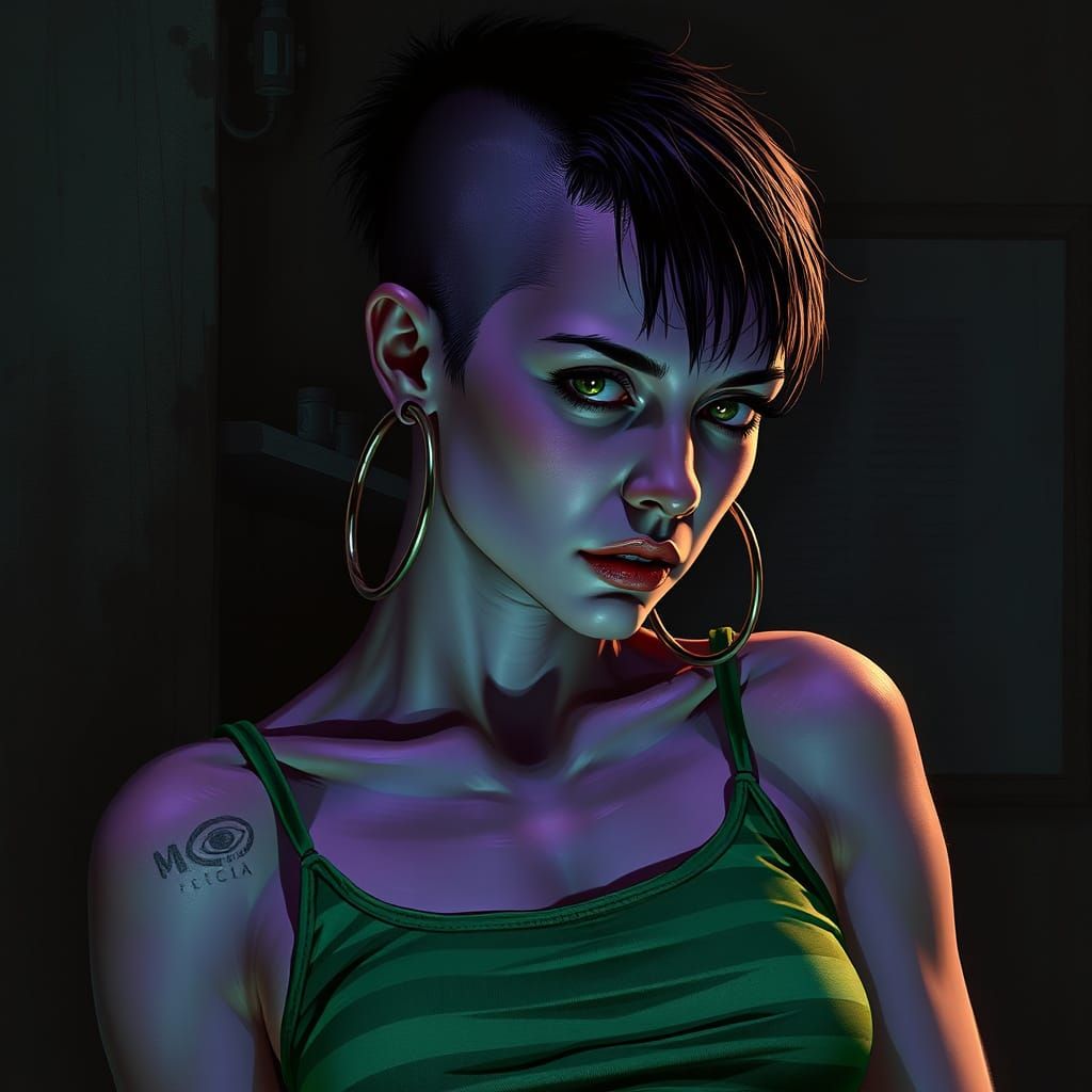 Punk Woman with Mercury Skin in Horror Art Style