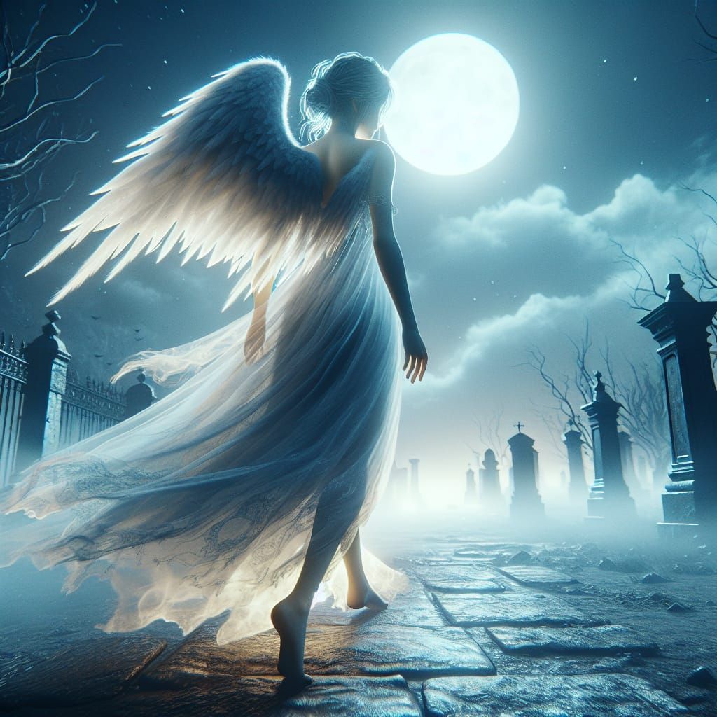 Ethereal Angel Walks Through Ancient Graveyard at Moonlit Ni...