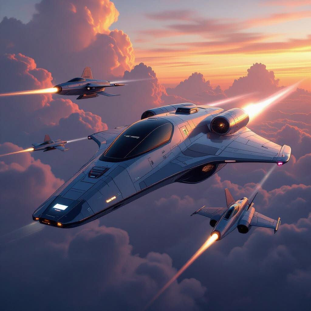 Starship Chase Above Storm Clouds in Retro-Futuristic Style