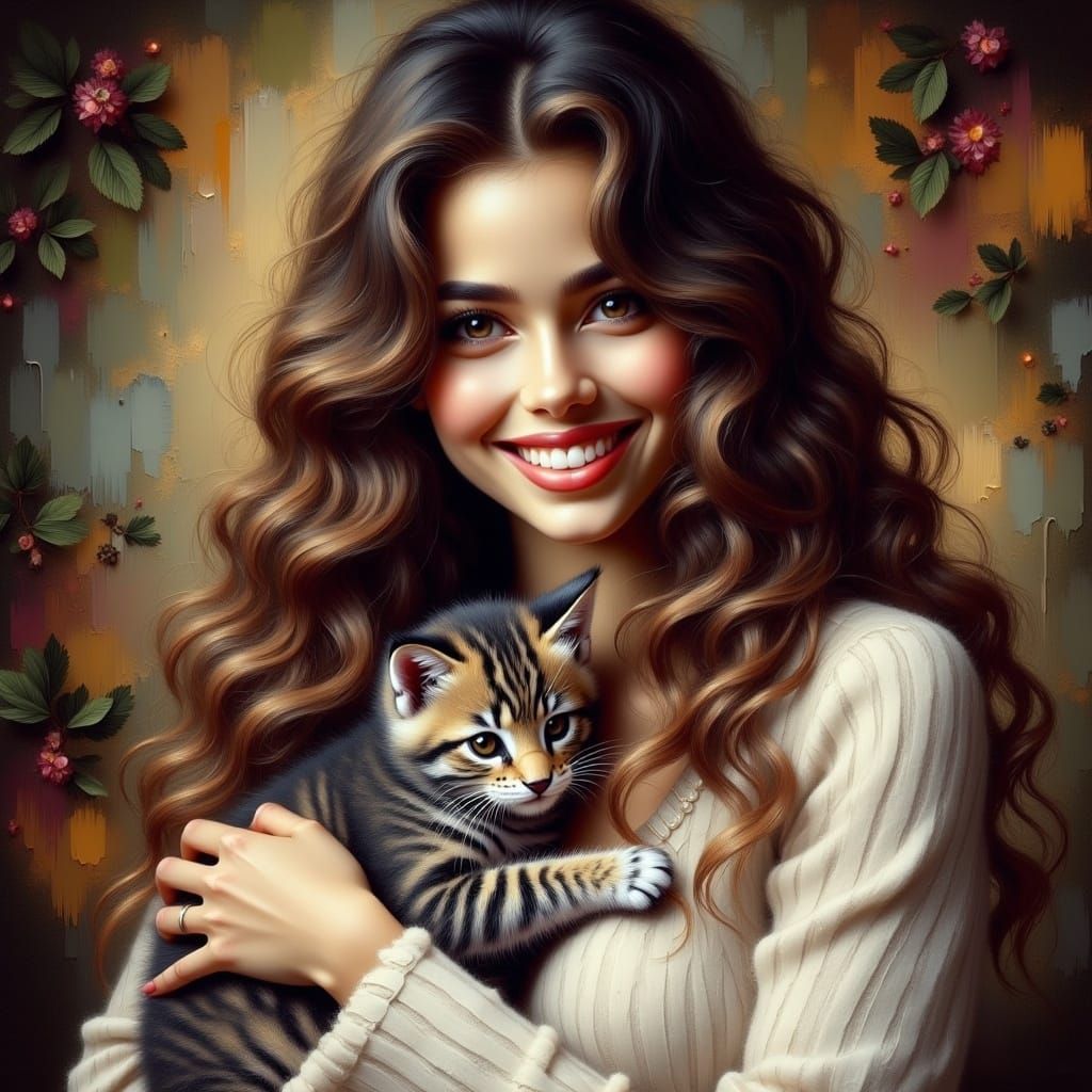 Beautiful woman smiling with long curly brown hair holding a...