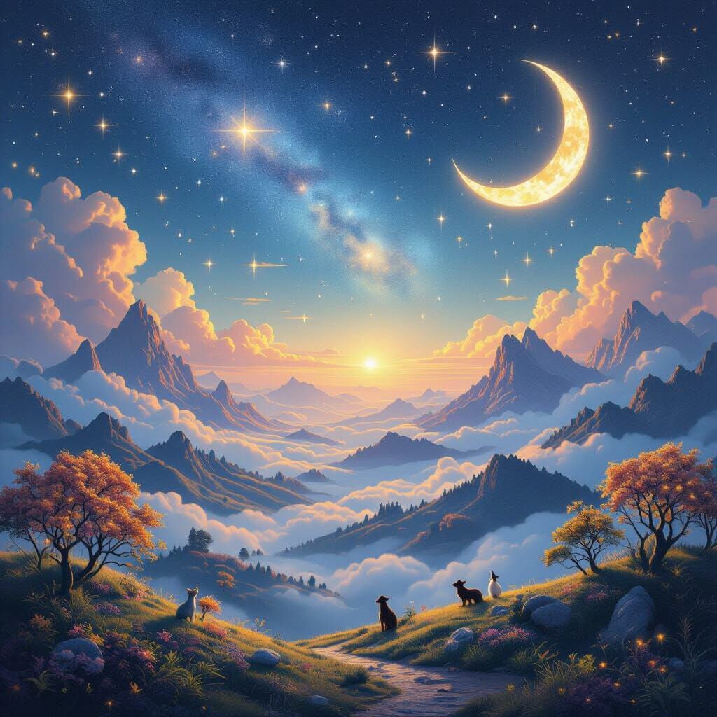 Surreal Dreamscape: Stars as Rivers, Moon as Mountain