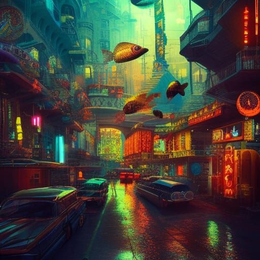 Neon Fish Market: Epic Digital Matte Painting
