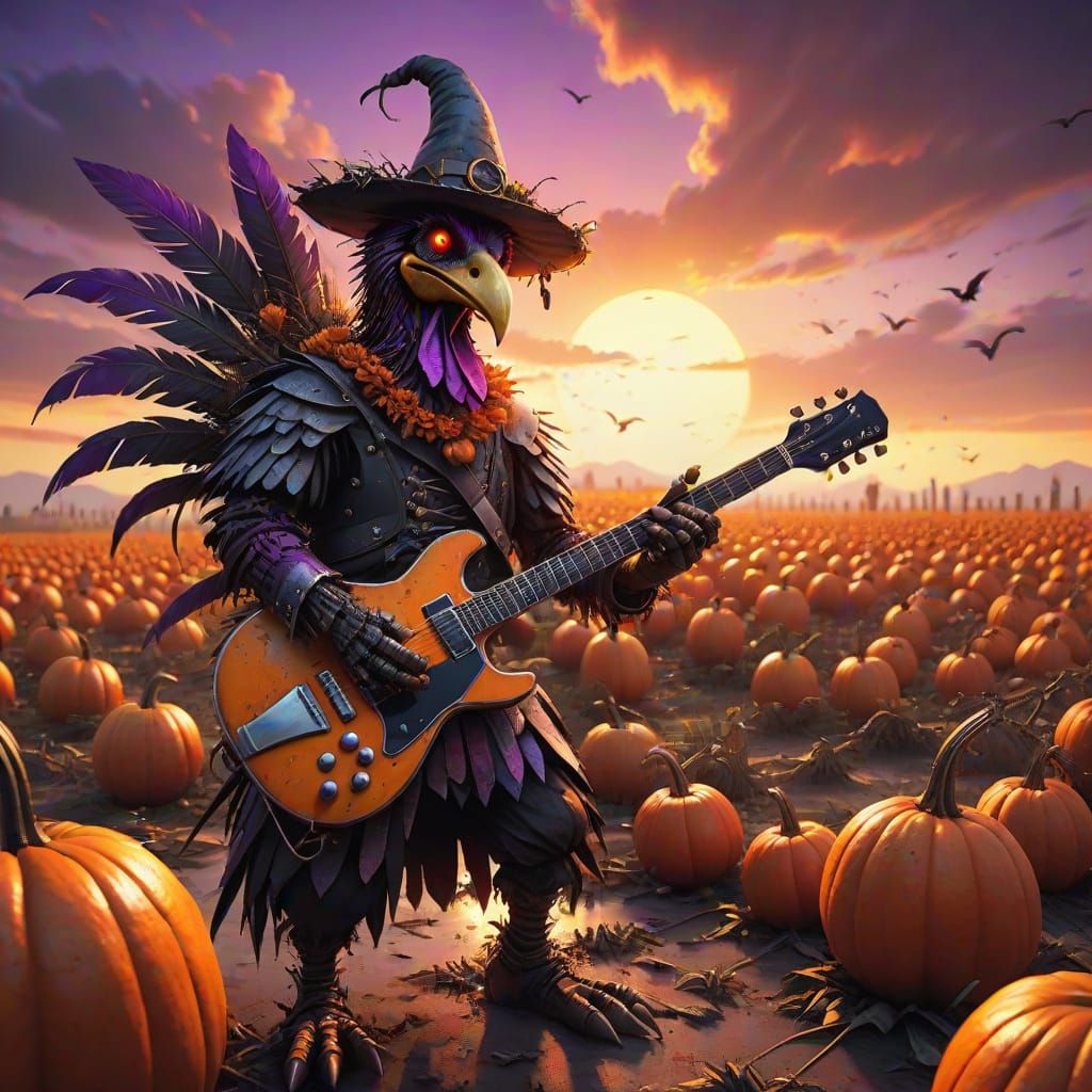 Surreal Metal Turkey Rocks Out in Pumpkin Field at Sunset