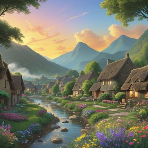 Enchanting Village in Golden Hour Sunlight