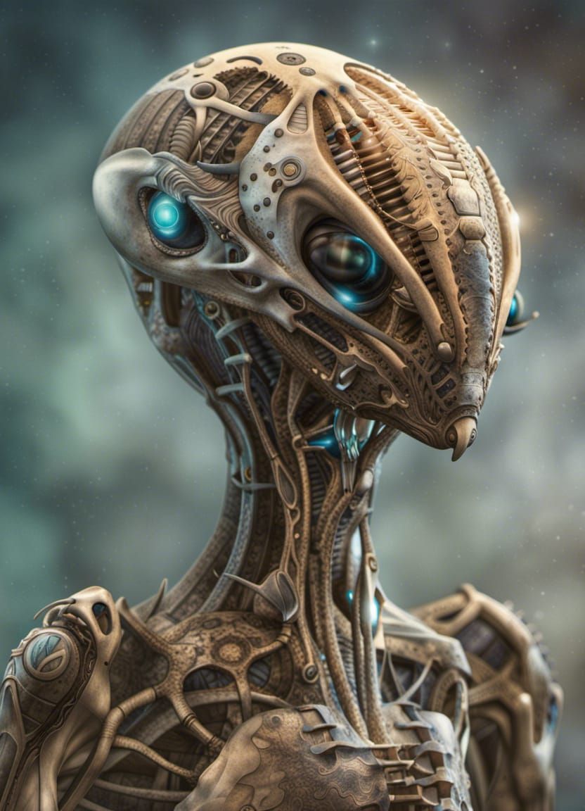 Bioluminescent Biomechanical Alien Drones in Studio Photogra...