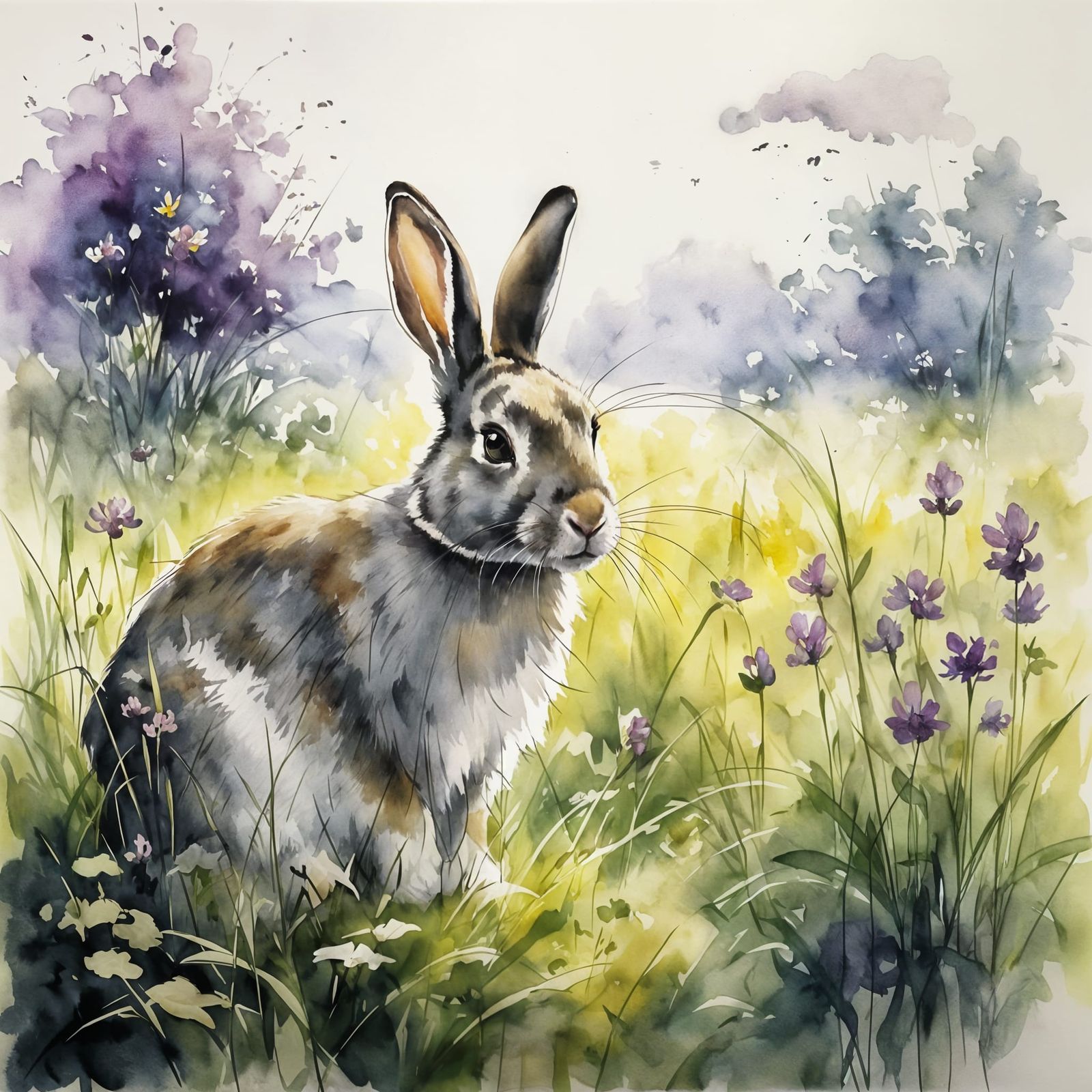 Watercolor Rabbit in Sunlit Meadow, Ink Painting Style